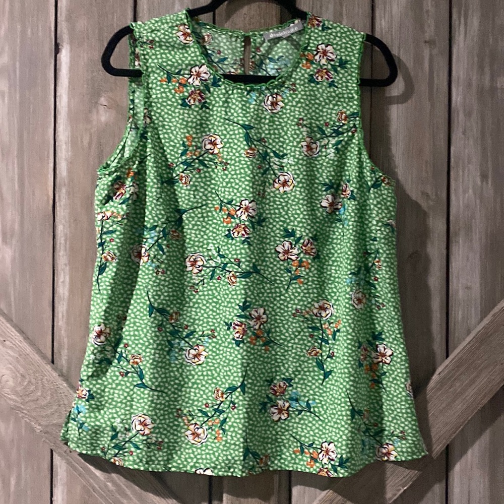 Daniel Rainn Top Blouse Medium Green Floral Sleeveless Keyhole back
